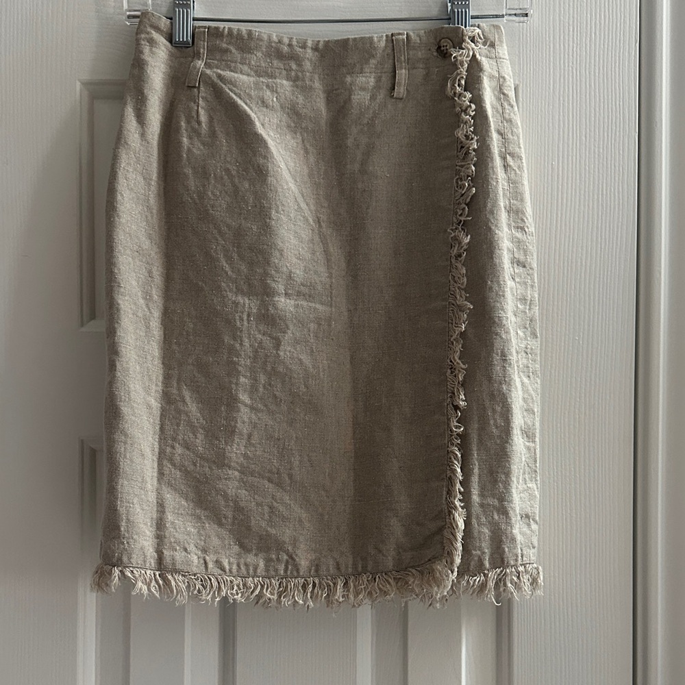90s Linen Fringe Wrap Mini Skirt Khaki SZ 4 Cottagecore Coastal Capsule USA